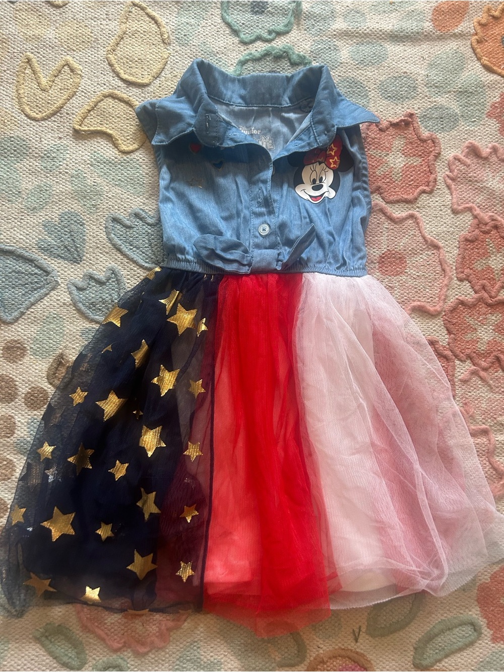 Minnie Mouse Denim & Tulle Flag Dress - Blue, Navy, Red, White - size 2T